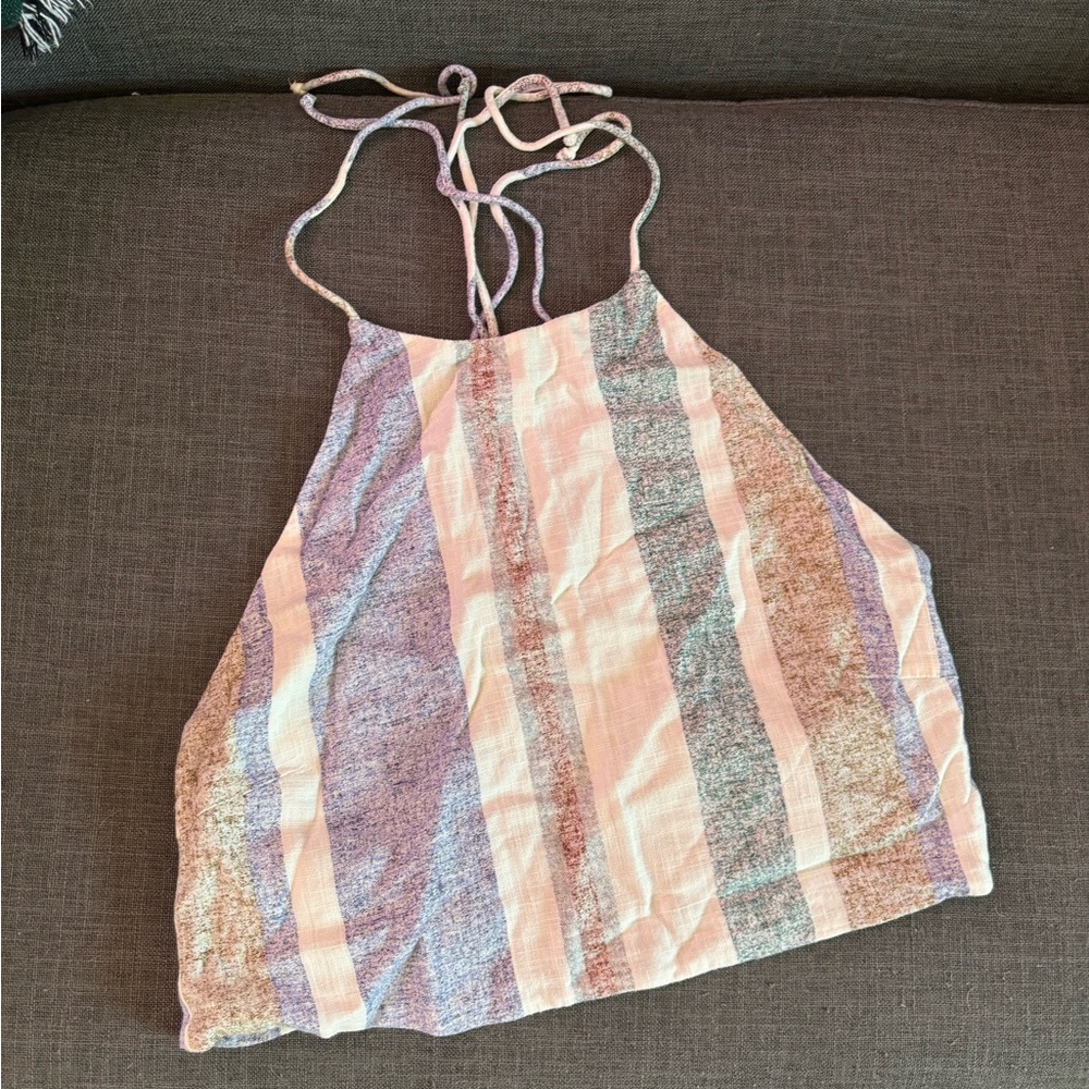 Zara Striped Linen Halter Top Open Back, Size Medium